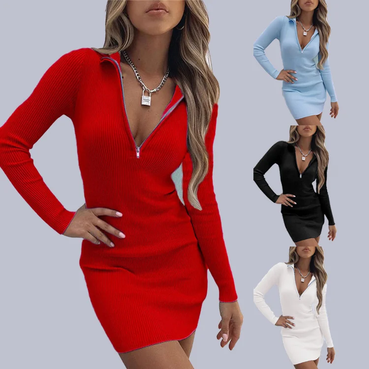 

Women's autumn and winter new fashion Lapel solid color zipper high waist deep V Long Sleeve christmas Dress