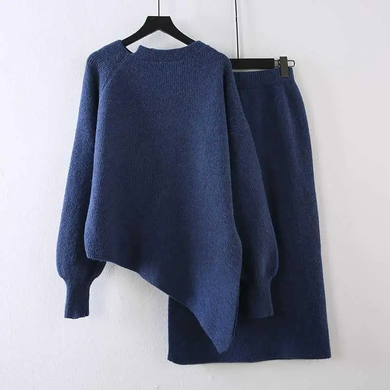 

Irregular Style Elegant Women Spring Loose Knitted Sweaters suit Solid Cashmere Pullover + Slim skirt Two-Piece Set High-Quality