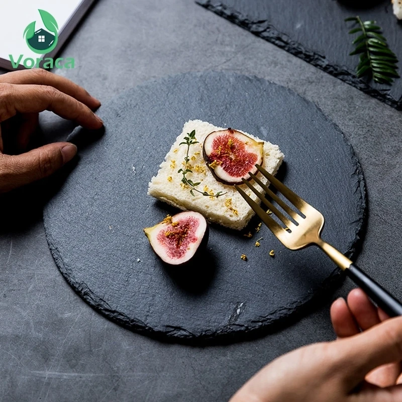 Круглые тарелки из натурального сланца для стейка паста суши кухня ресторан