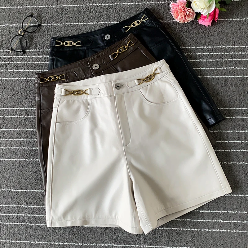 Europe style High Quality Women's High-rise Leather pants Fashion casual genuine leather wide-leg short pants C622