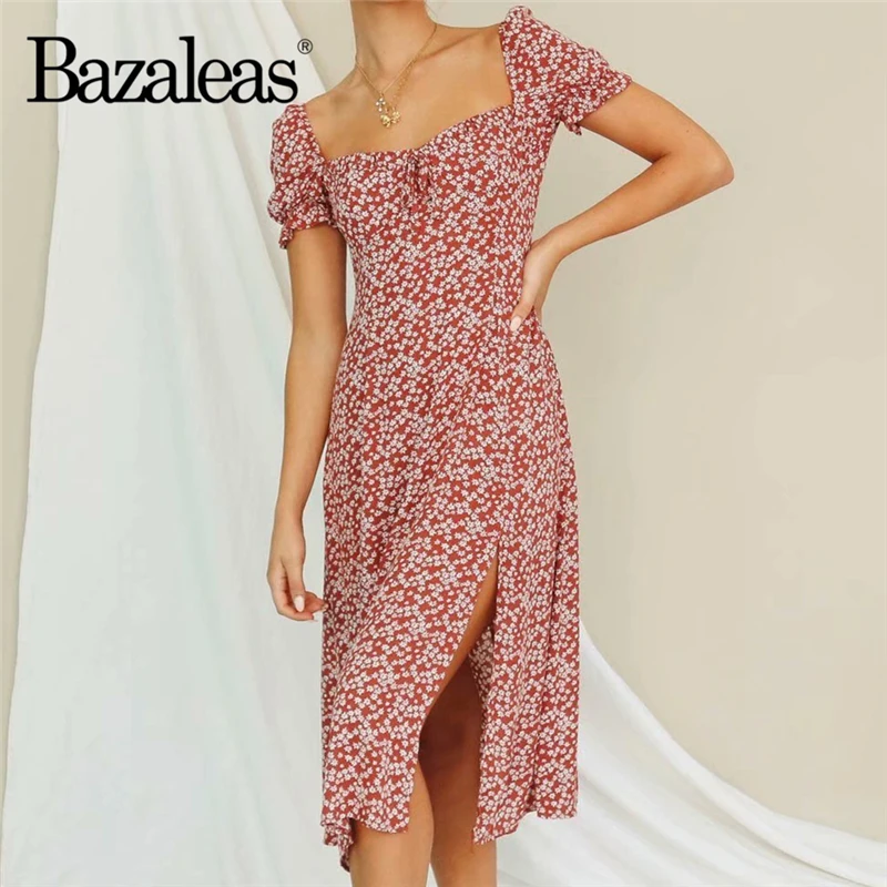 Bazaleas винтажное винно красное с цветочным принтом vestidos модное бантом миди платья