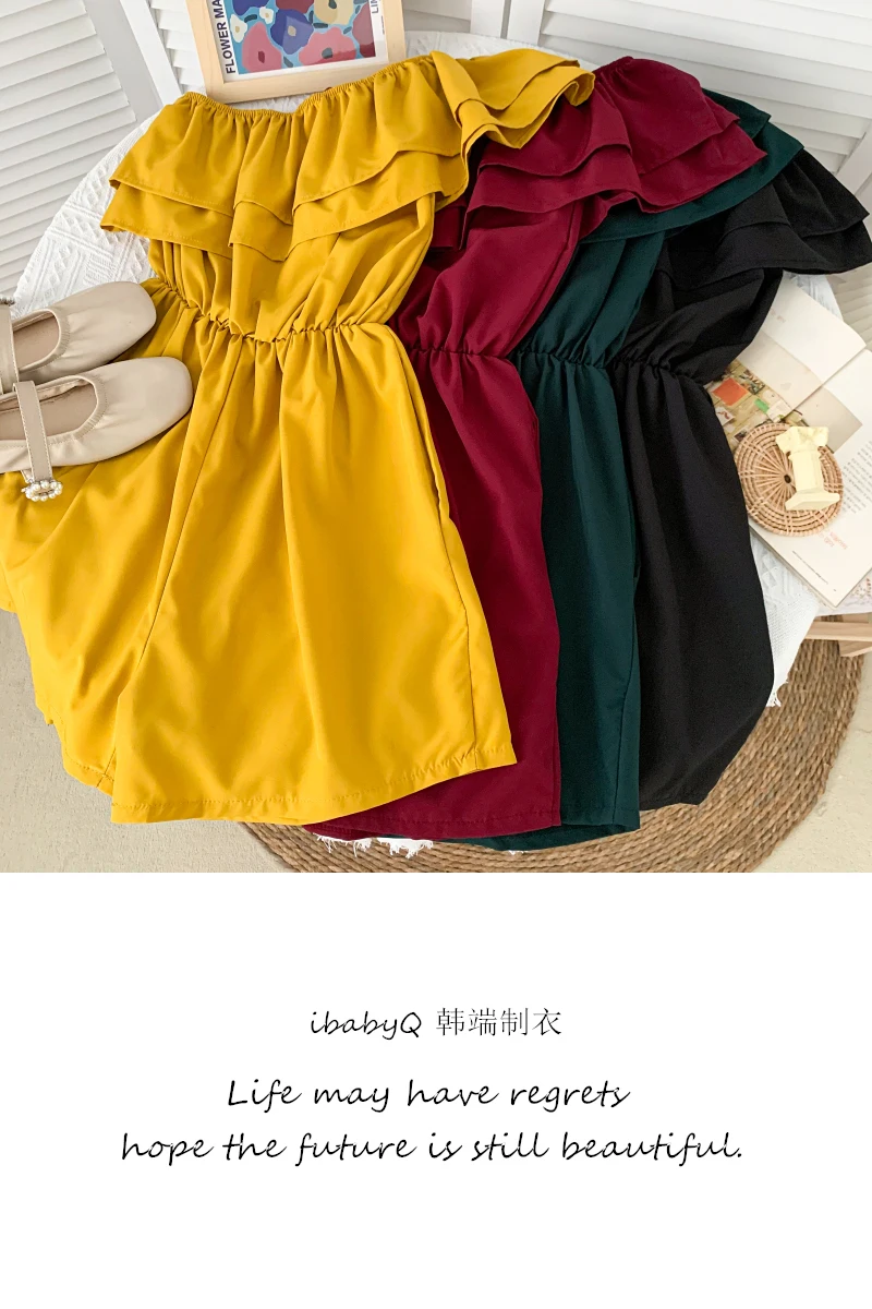 

Off-shoulder Slanted Shoulder Double-layer Ruffled Waist Thinning One-piece Wide-leg Pants Casual Pants 2021 Summer New Fashion