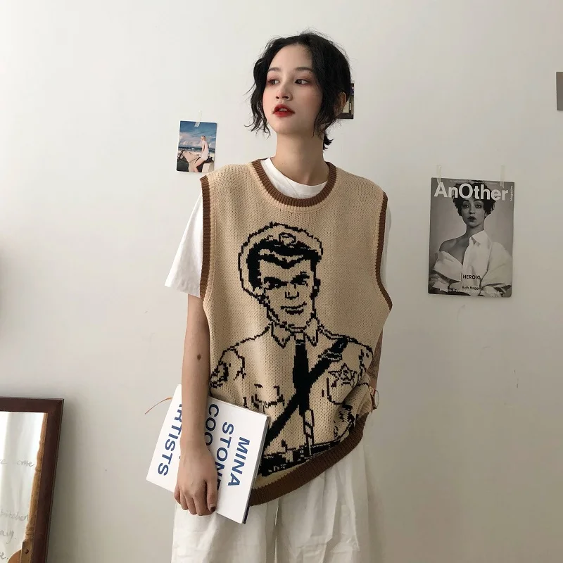 Vintage Cartoon Printed Knitted Sweater Vest Casual Sleeveless Loose Pullover Tank Tops Female Oversized Pullovers Femme