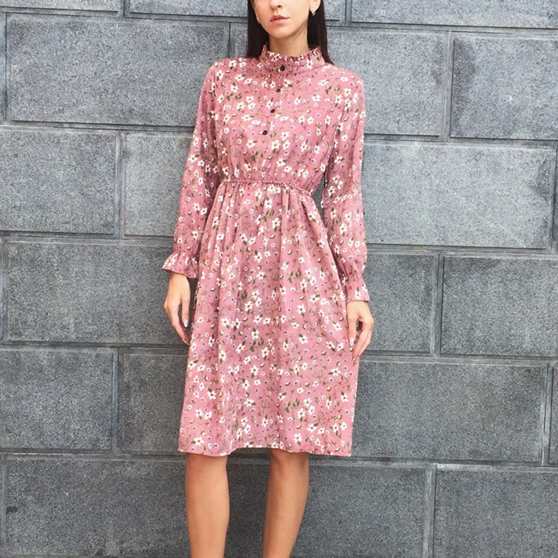 

Женское вельветовое платье с цветочным принтом, с воротником-стойкой