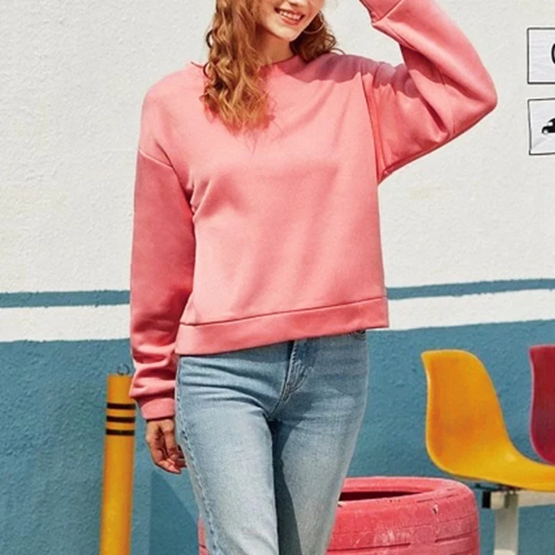 

Pure Color Casual Sweatshirt Ladies Fall Loose Pullover Round Neck Fashion Top