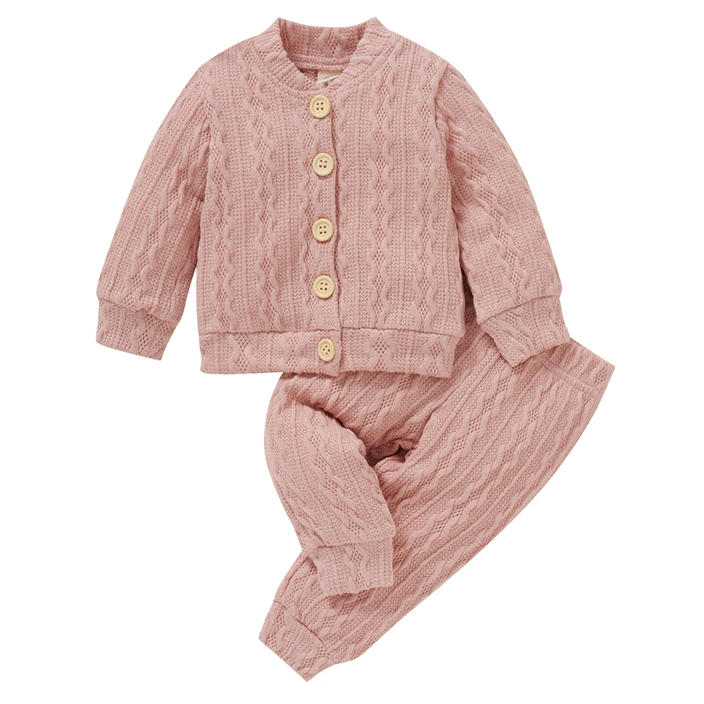 

Nowborn 2Pcs Set Round Neck Baby Boys Girls Long Sleeve Cotton Crochet Knit Autumn Solid Single Breasted Jacquard Long Pants