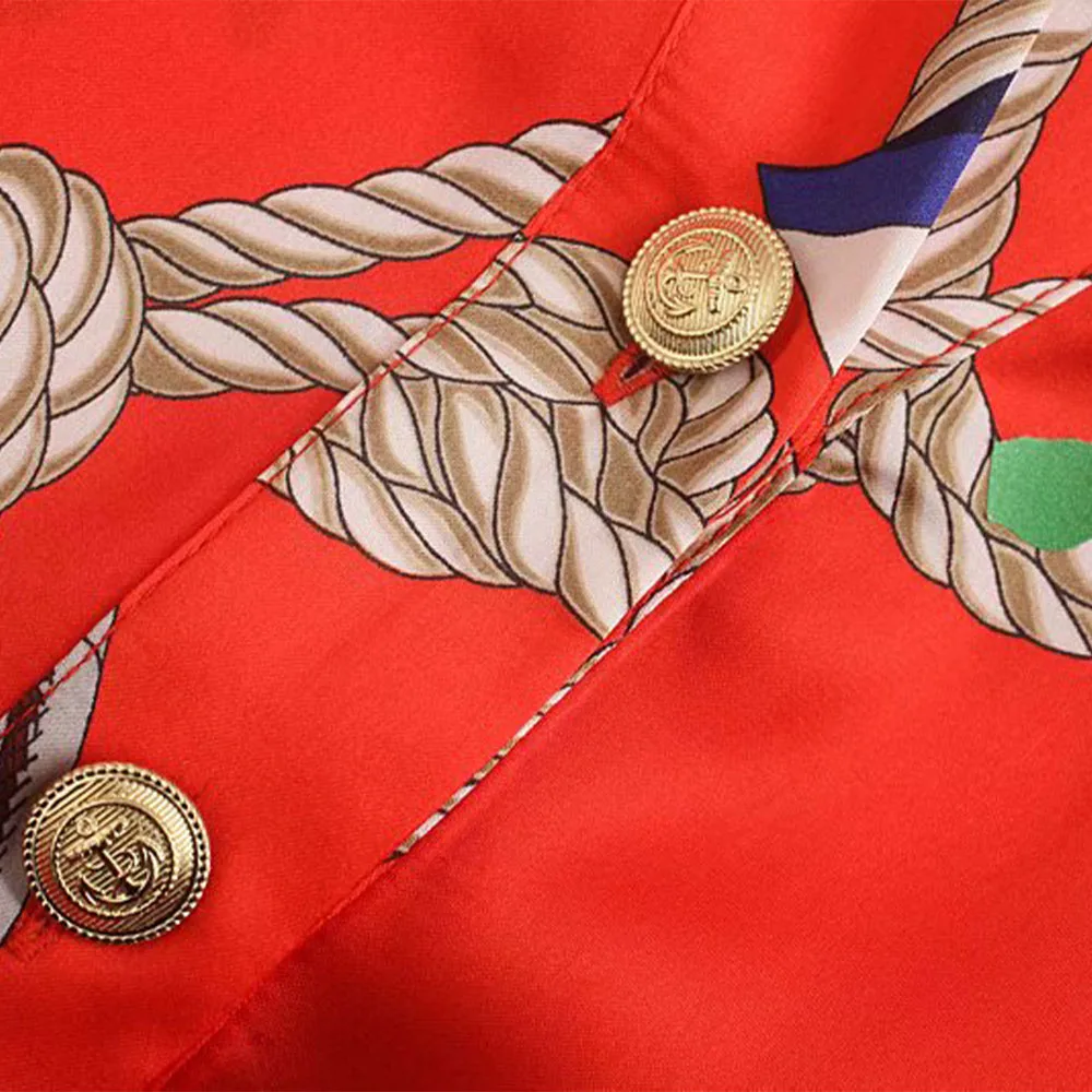 

DiYiG WOMAN Spring and Summer new red polo collar loose all-match button decoration holiday style printed shirt