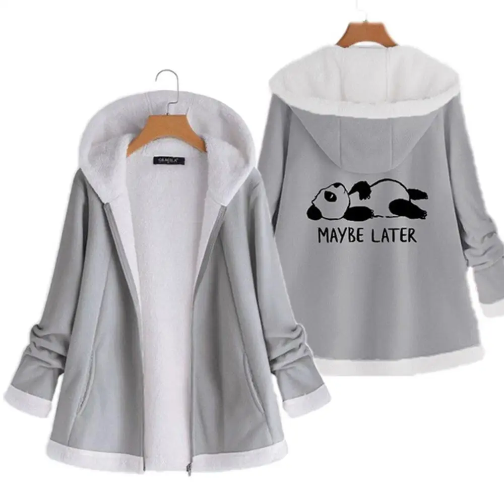grey print Женская Осенняя куртка, зимняя теплая однотонная плюшевая толстовка с капюшоном, модная куртка с карманами на молнии, длинная одежда с рукавами, манто для женщин размера плюс 5XL - Цвет: grey print