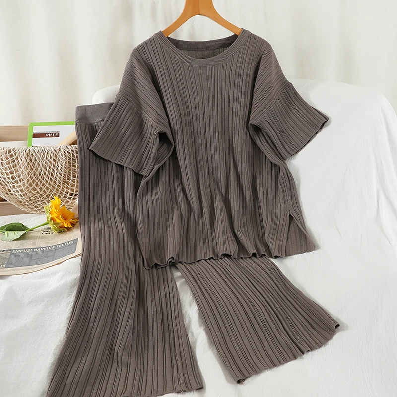 

Korean Style Vintage 2 Piece Pants Set Women O Neck Short Sleeve Pullover Top+high Waist Straight Bottom Female Sets 3 color