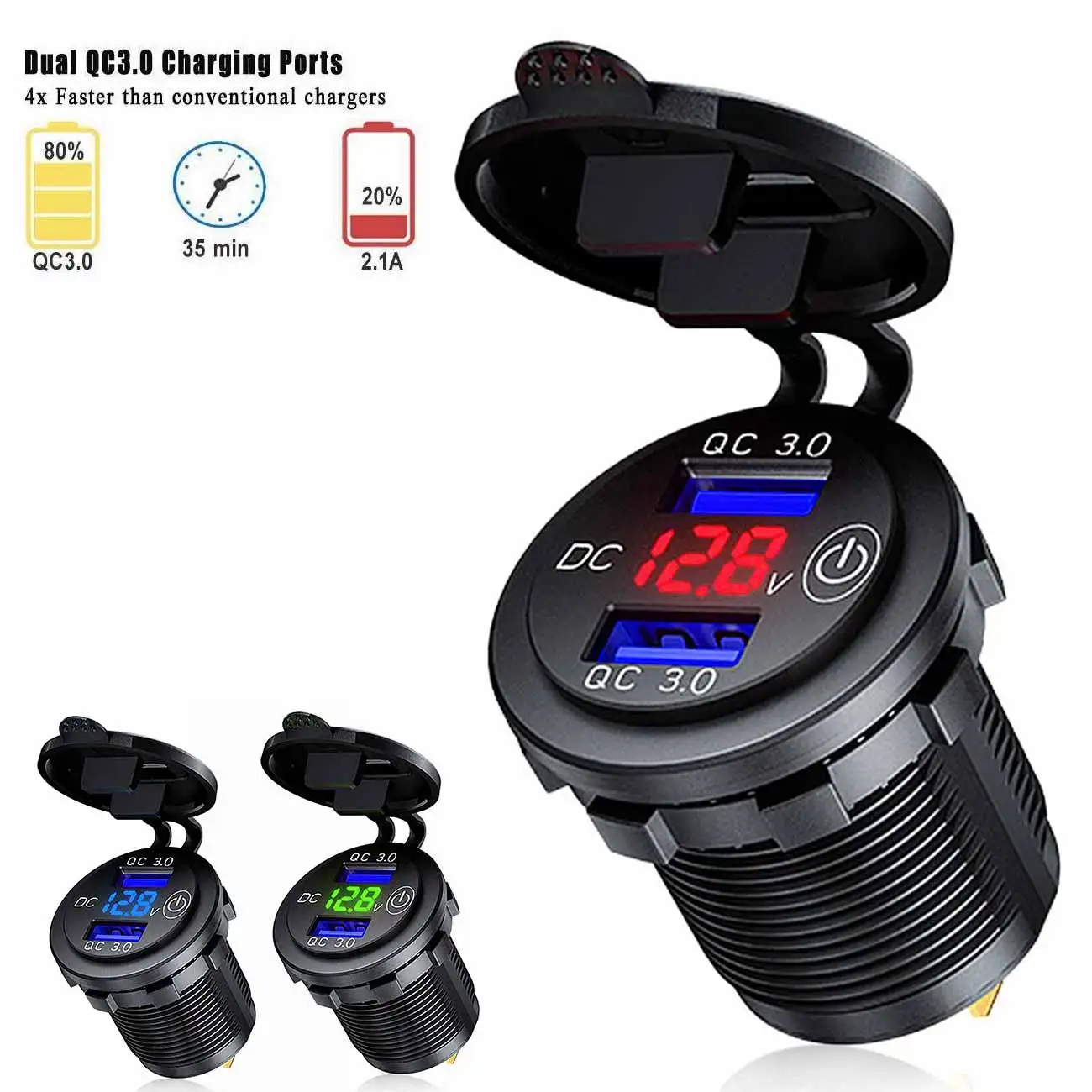 

12V 24V Dual QC3.0 USB Car Charger Socket With Touch Switch LED Voltmeter Waterproof Power Adapter For Truck SUV Marine Motor