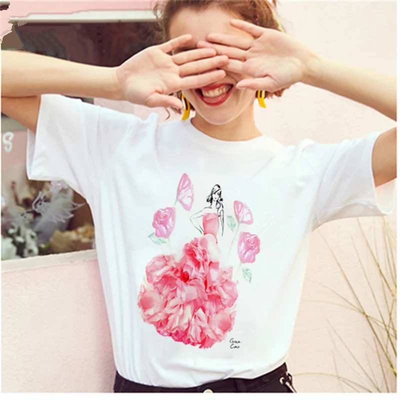 Женская футболка с принтом AOWOF модный красная роза свободная коротким рукавом и