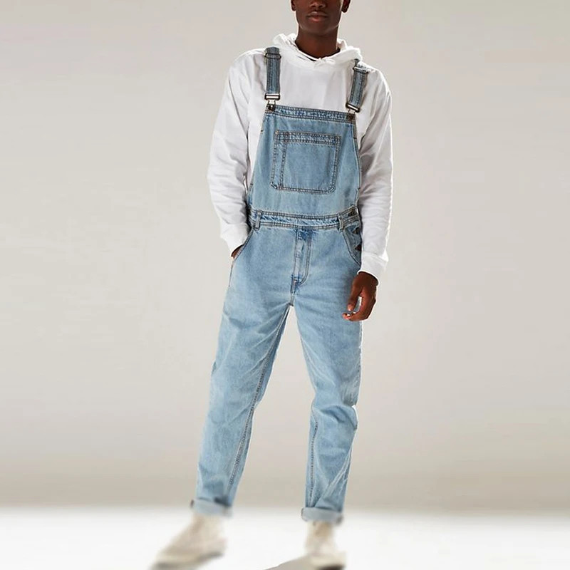 Винтажный Ретро Длинный комбинезон для мужчин Slim Fit Bib джинсовые карманы Модные Простые повседневные мужские джинсы