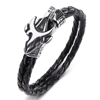 fashion stainless steel geometric pattern braided leather rope bracelet bangles men punk rock jewelry male weave wristband p536