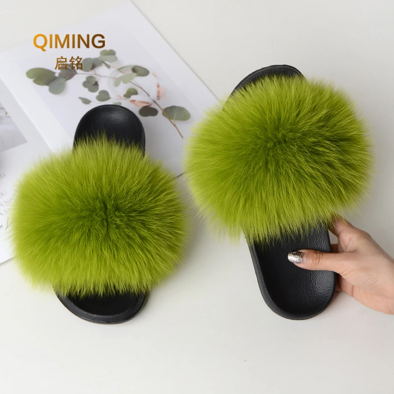 Сланцы женские из натурального Лисьего меха шлепанцы енота пушистые меховые