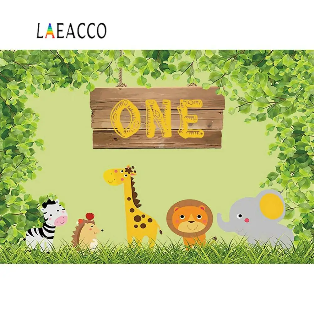 Зеленое дерево листья Дикие один день рождения сафари плакат с травой ребенок