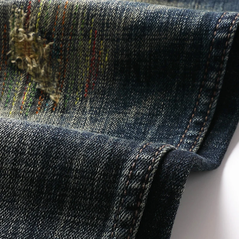 Italian Style Fashion Men Jeans Retro Black Blue Elastic Cotton Slim Fit Ripped Denim Trousers Embroidery Vintage Designer Pants | Мужская