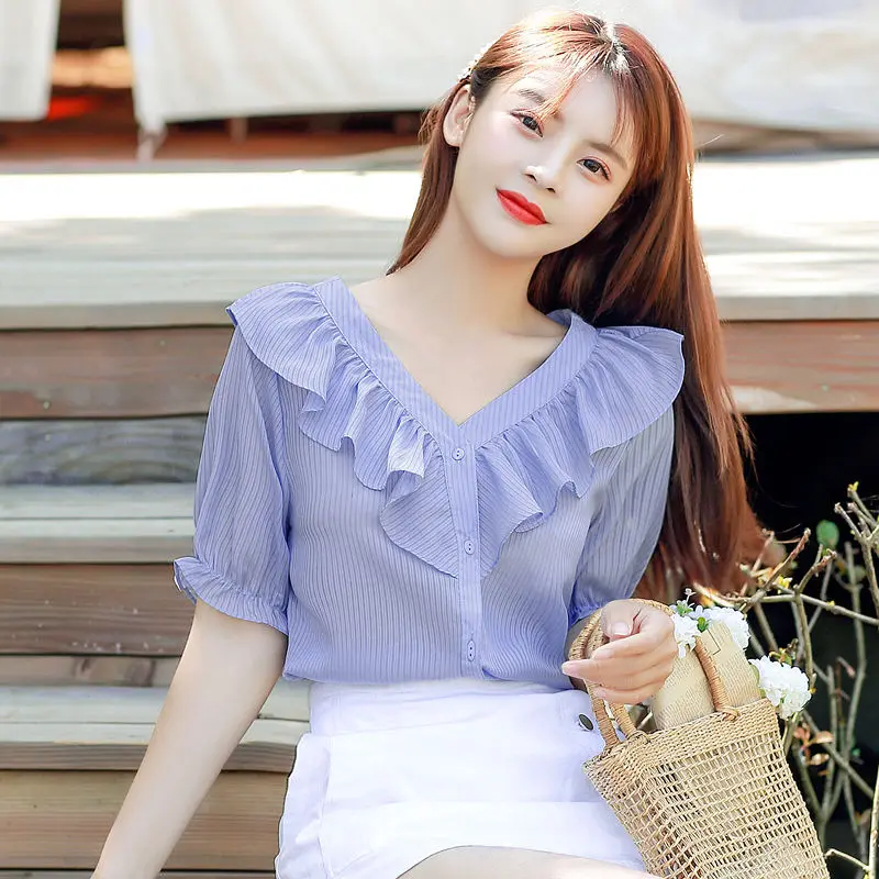 

2021 New Summer Women Blouses Casual Slim Student V-Neck Blue Ruffles Chiffon Shirts Fashion Elegant Office Lady Tops Clothing