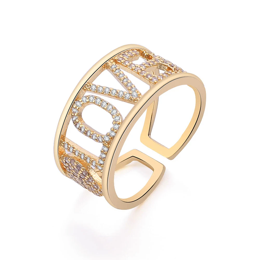 Женские открытые кольца с буквами регулируемые золотого цвета кубическим
