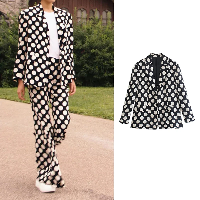 

2021 New Blazer Jacket Pants Set Za Spring Autumn Dot Single Breasted Pockets Long Sleeve Coat + Bell-bottoms Commute Suits