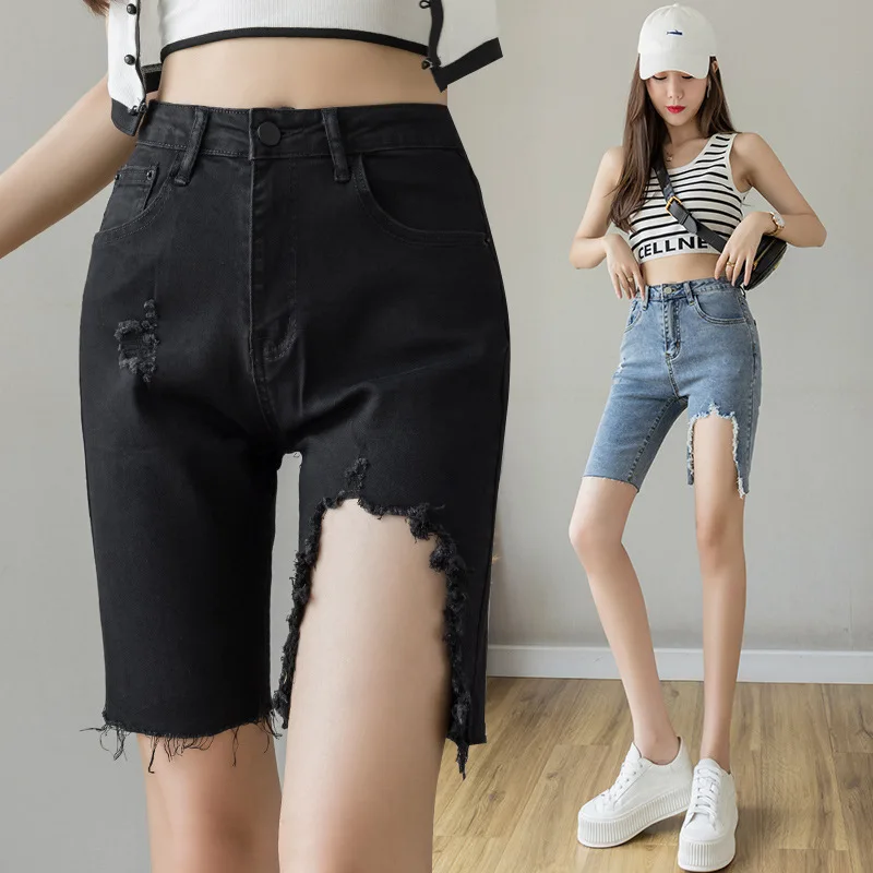 

2021 Summer Biker Shorts Women Jeans Summer Tassel Hole Retro Slim Denim Short Jeans Pants Fashion High Waisted Booty Shorts
