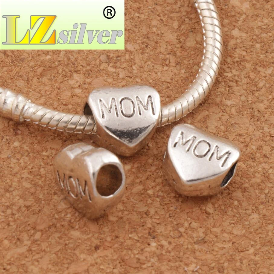 Smooth MOM Heart Big Hole Beads 10.5x10.5mm 125PCS zinc alloy Dangle Fit European Charm Bracelet L1278