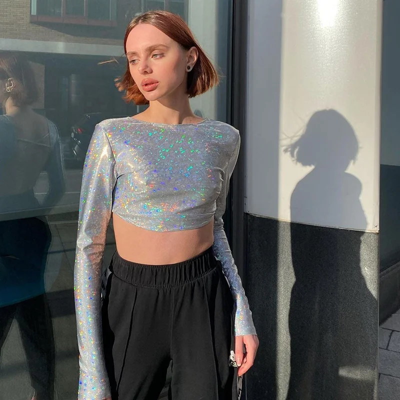 

2021wind Autumn and Winter New Women's Fashion Design Sense Backless Slim Fit Short Navel Exposed Laser Slim Fit Tshirt