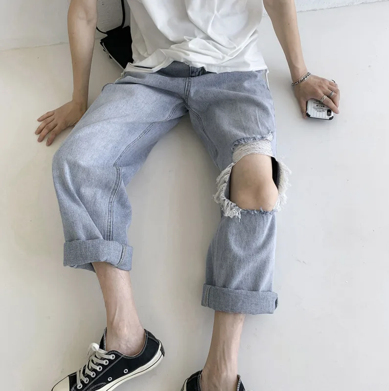 Новинка весна-лето 2020 популярные мужские свободные однотонные рваные джинсы