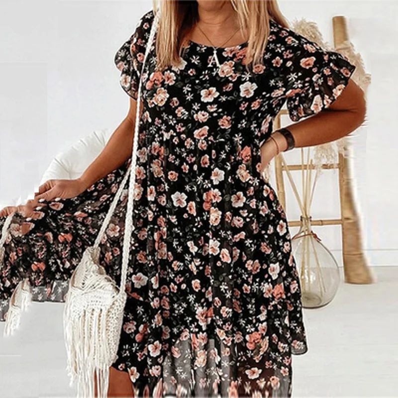 

Women Sexy Loose Vintage Dress O-neck Printed Ruffles Large Big Floral Dress Party Beach Dresses Plus Sizes XXXL 2021 Summer New