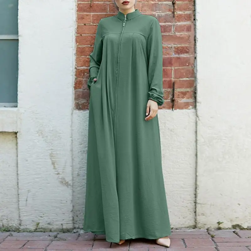 Holiday Shirt Dress Retro Long Sleeve Muslim Dresses Fashion Long Casual Abaya Hijab Dresses Vestido Zipper Long Maxi Robe S-
