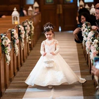 wedding flower girl dress long sleeves lace appliques elegant first communion dresses with long train