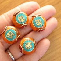 bd204 ethnic tibetan brass resin mantra om loose beads nepal 17mm oblate diy beads for jewelry making 4 pcs beads lot