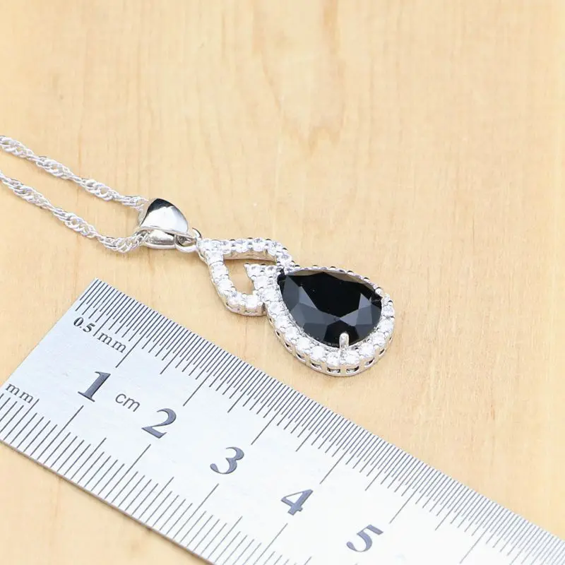 925 Silver Jewelry Black Stone White CZ Sets For Women Party Earrings Pendant Open Rings Bracelet Necklace Set | Украшения и