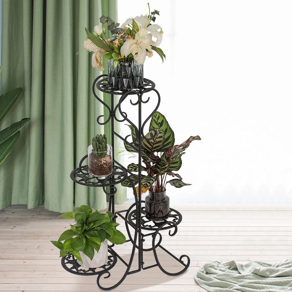 

4 Potted Rounded Flower Metal Shelves Plant Pot Stand Decoration for Indoor Outdoor Garden Black