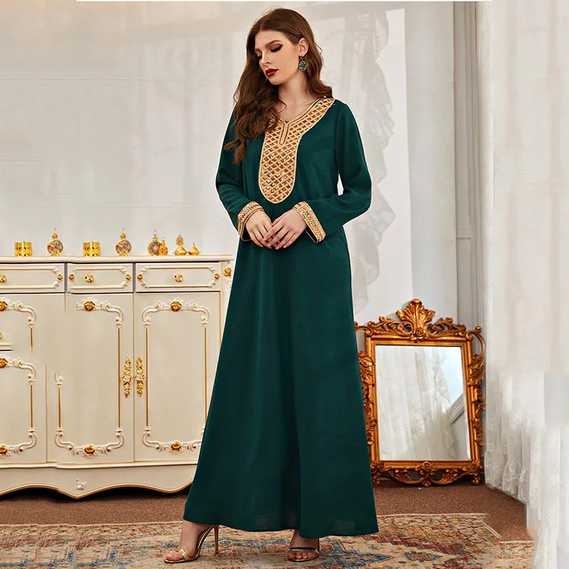 

Ladies Small V-Neck Solid Color Sequin stitching Long Sleeve Loose Elegant Indie Folk Dress