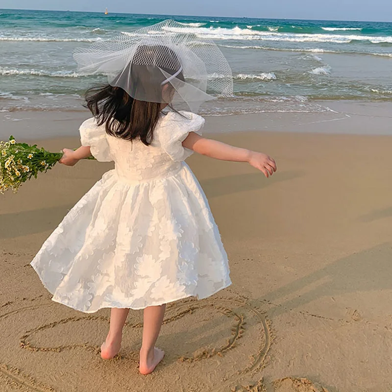 

Girl White Tutu Dress Gown Performance Birthday Party Dresses Kids Princess Dress Children's Casual Puff Sleeve Flowers Clothing