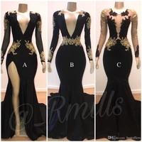 sexy deep v neck long mermaid black prom dresses 2019 gorgeous golden lace appliques long sleeve open back evening party dresses