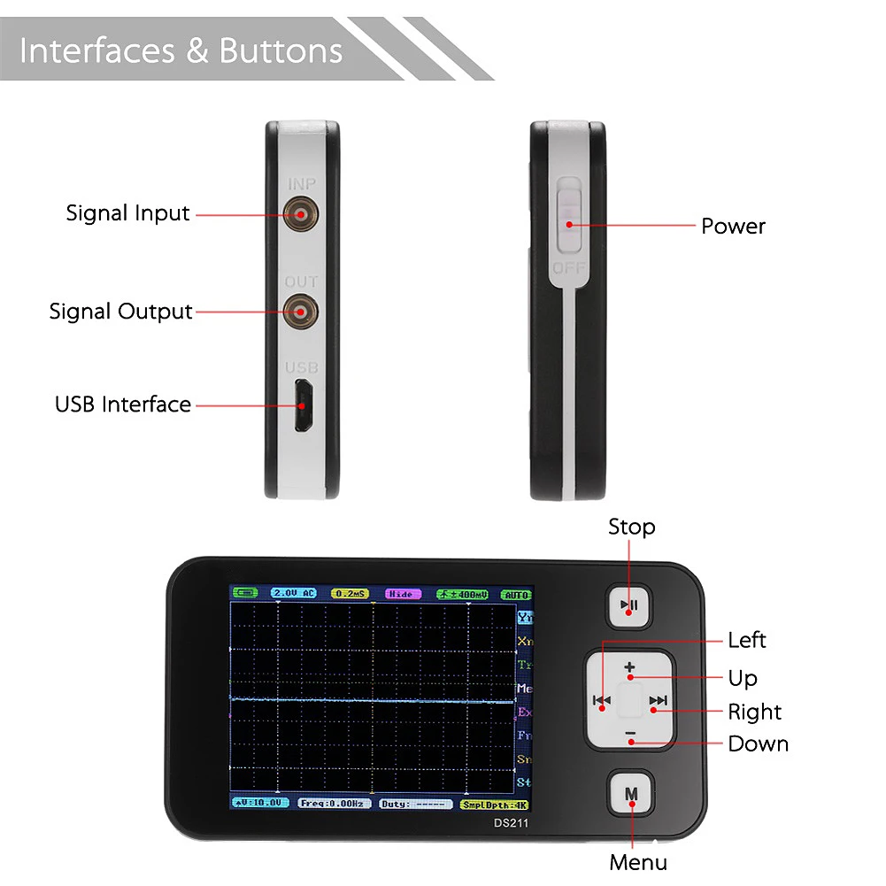 

2.8" TFT Display Mini Digital Storage Oscilloscope ARM DSO211 Pocket-Sized Handheld osciloscopio USB Interface Osciloscope Kit