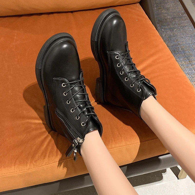 2021 Spring Autumn Leather Shoes for Women Fashion High-top Lace-up Shoes Thick Bottom Casual Short Tube Shoes Zapatillas Mujer