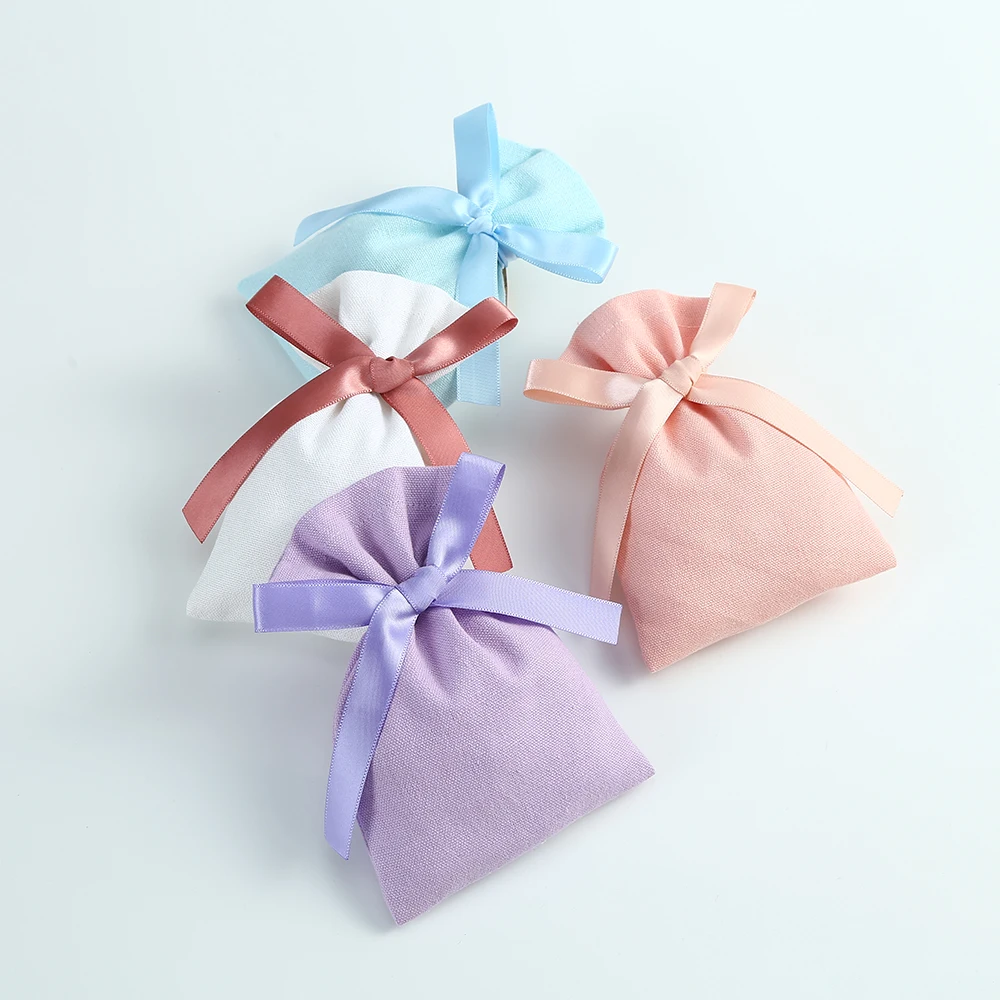 50pcs Multicolor Cotton Burlap Bucket Jewelry Bag with Ribbon Small Pouches for Wedding Christmas Candy Bag Custom Logo Mariage