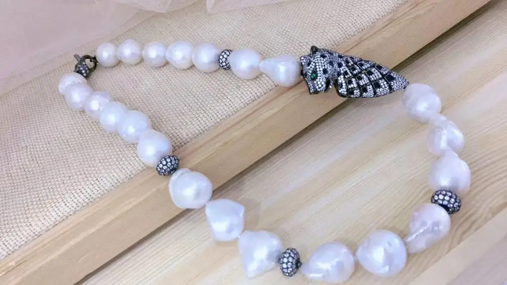 ?? バロックナチュラル淡水パールネックレス925スターリングシルバー立方ジルコンヒョウ45センチメートル動物のネックレス送料無料