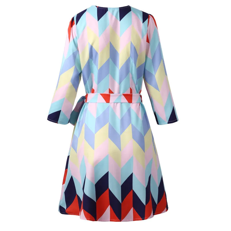 

Summer geometric printed hit color wrap dress with sashes Asymmetrical robe femme Women 3/4 sleeve v neck A-line mini dress