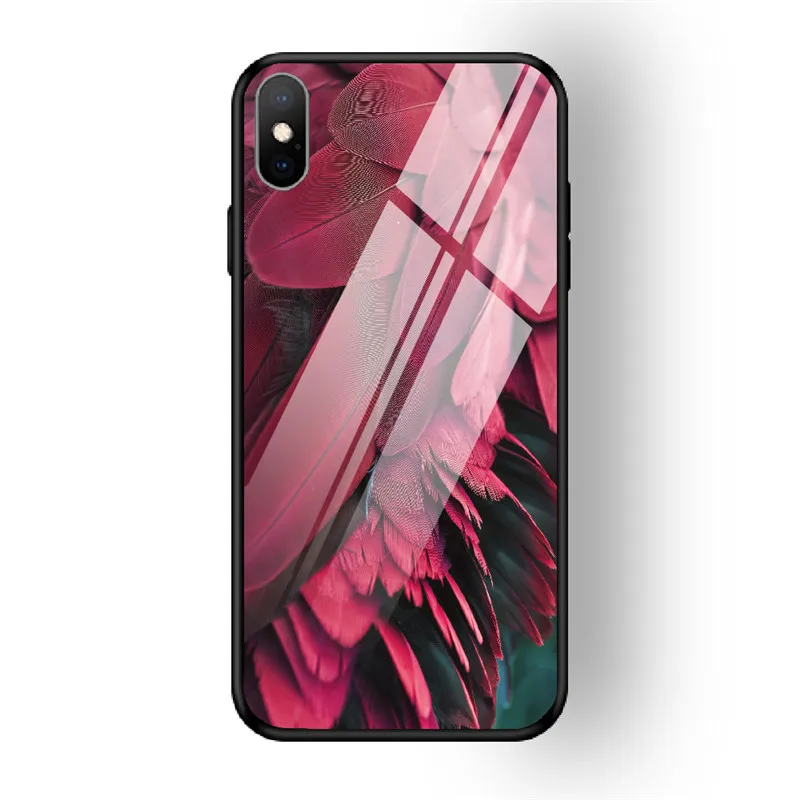 Чехол для iPhone X XS MAX XR для 6 6S 7 8 PLUS чехол из закаленного стекла с перьями красный желтый задняя чехол для iPhone 5 5S SE Funda