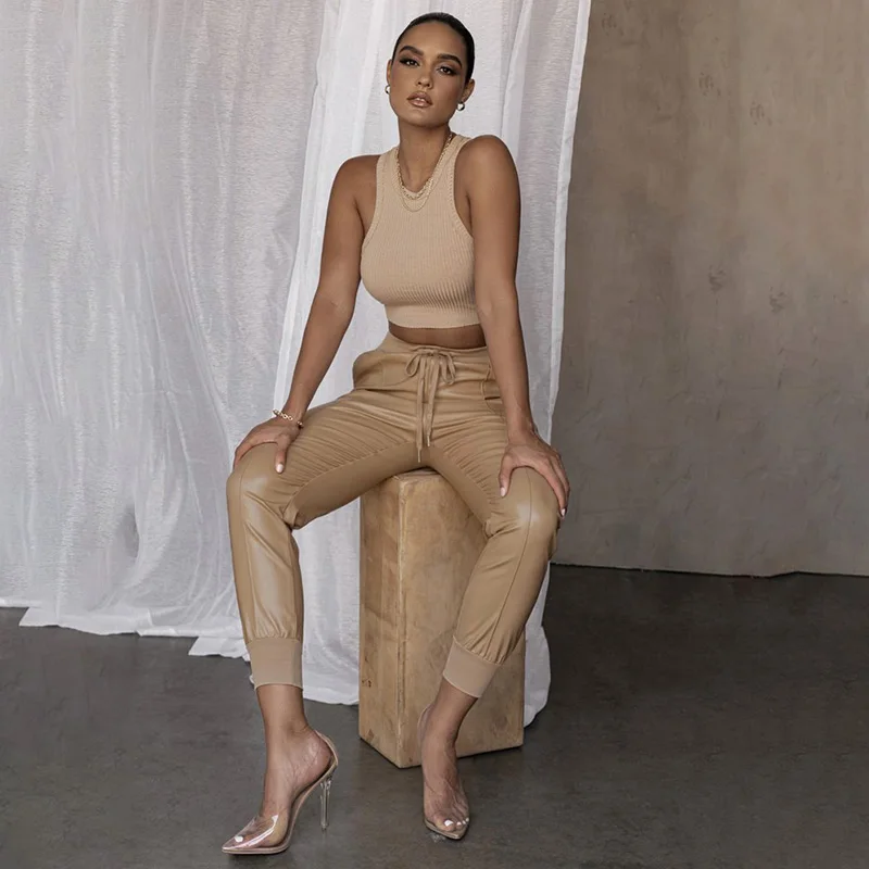 

Autumn Faux Leather Pant Trousers Slim Khaki Black High Waist Women 2021 Fashion Cargo Pant Streetwear Leisure Capris