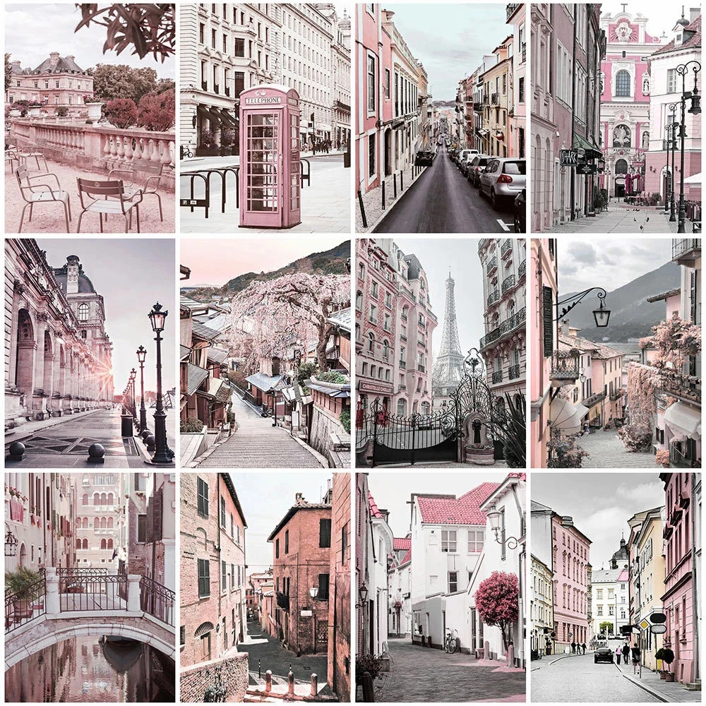 

Алмазная живопись, уличная вышивка крестиком, розовая 5D Вышивка «сделай сам», пейзаж, город, вышивка крестиком, искусственная стена, домашни...