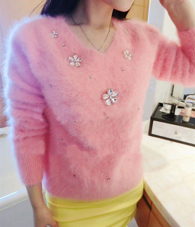 HAMALIEL Pink Knitting Sweater 2019 Autumn Winter Diamonds Beading Mink Cashmere Long Sleeve Casual Thick V Neck Loose Pullovers | Женская