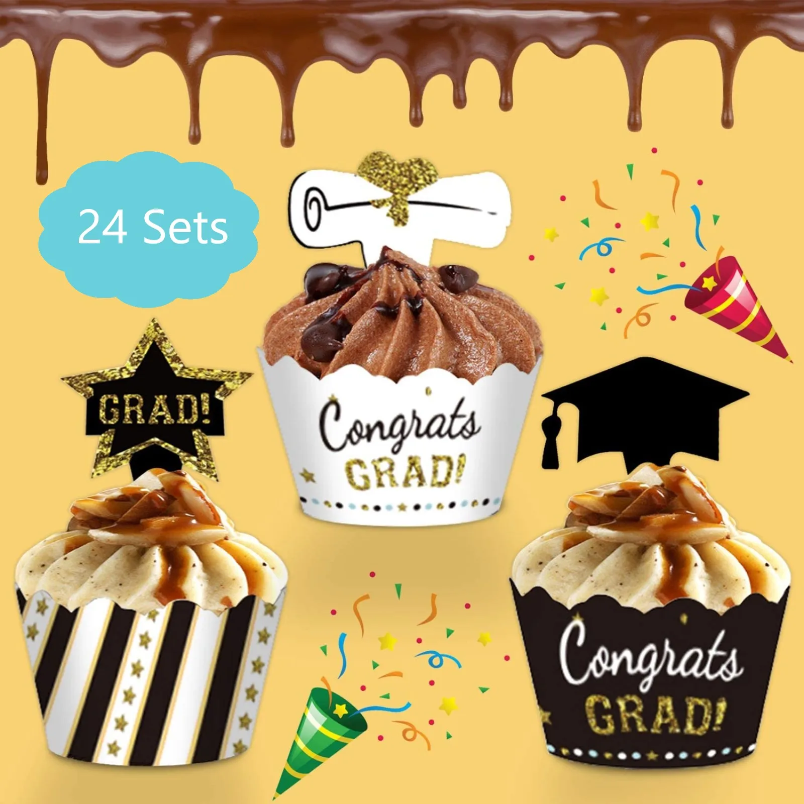 

24pcs 2021 Graduation Cupcake Toppers Wrappers Party Supplies Cake Decorations Cake Tool Environmental Protection Cup Cake