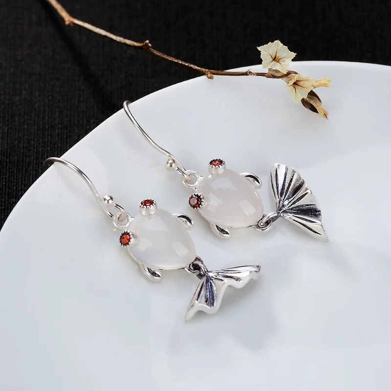 925 стерлингового серебра Красный Гранат Серьги-рыбки для женщин этнические