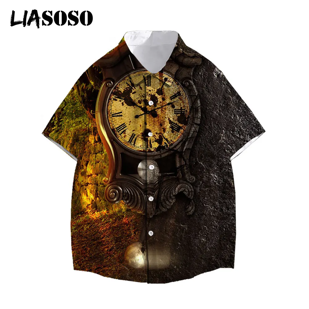 

LIASOSO 2021 3D Print Summer Men Casual Shirts Hawaiian Short-Sleeve Beach Shirts Holiday Streetwear Personalized Clock Women