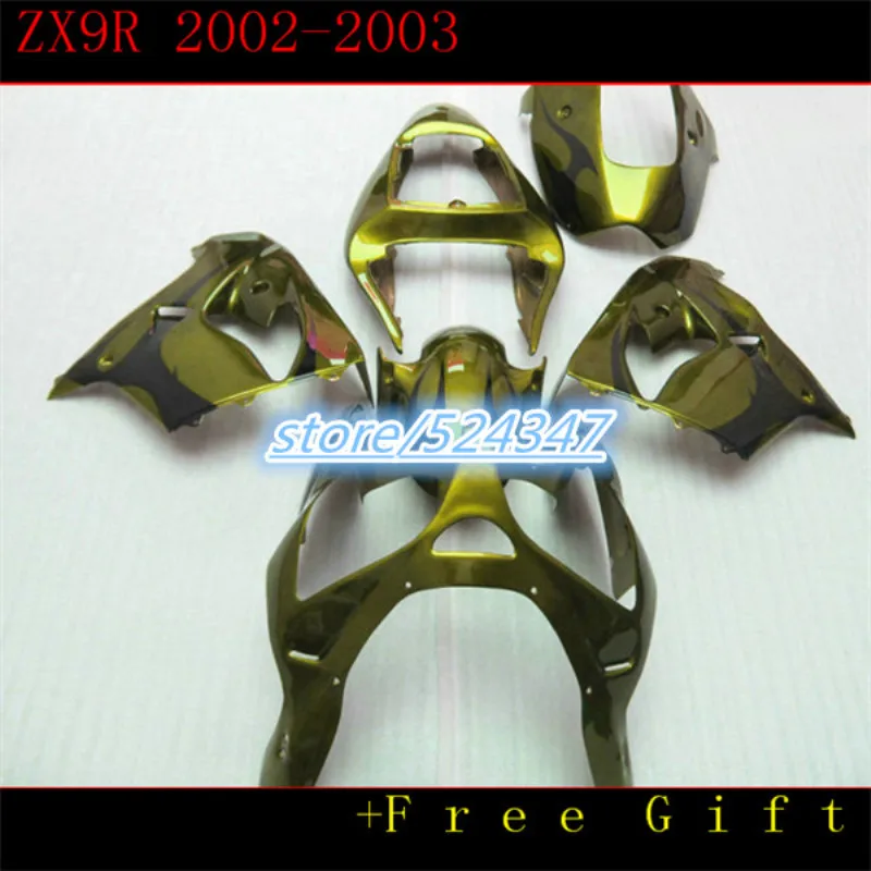 

All gold Top selling plastic fairing kit for Kawasaki Ninja ZX9R 02 03 black fairings set ZX9R 2002 2003