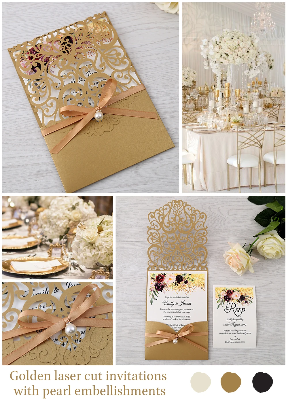 50pcs Gold New Arrival Laser Cut Wedding Invitations with pearl ribbon RSVP card Customizable | Cards &